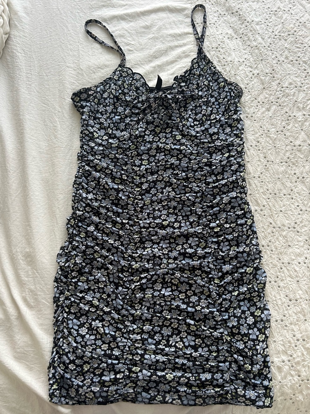 H&M Black Floral Ruched Mini Dress with Light Blue & White Print